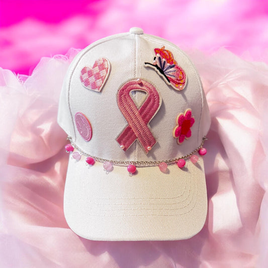 Customized Cancer Awareness Trucker Hat, Pink/White, Beaded Chain.